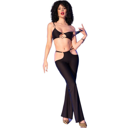 CHILIROSE - CR 4851 SET TOP NEGRO Y LEGGINS CON COMPLEMENTOS DORADOS