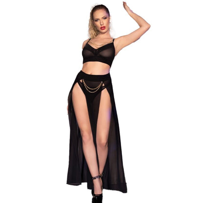 CHILIROSE - CR 4672 TOP NEGRO FALDA Y THONG WITH CADENAS GOLDEN S