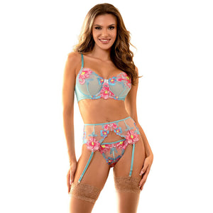SUBBLIME - 957643 CONJUNTO DE SUJETADOR Y LIGUERO BORDADO CON FLORES ROSAS S/M