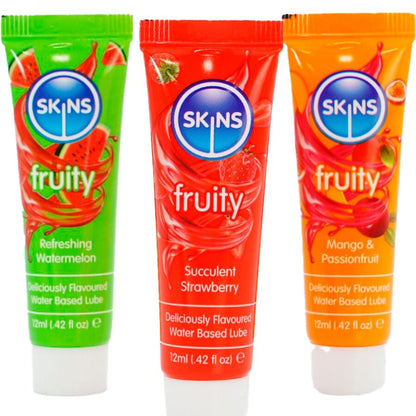 SKINS - KIT DE LUBRIFICANTES FRUTADOS: MELANCIA, MORANGO E MANGA - 3 x 12 ML