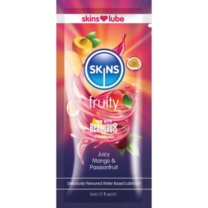 SKINS - LUBRICANTE A BASE DE AGUA CON SABOR FRUTAL DE MANGO Y MARACUYÁ - DOSIS ÚNICA DE 5 ML