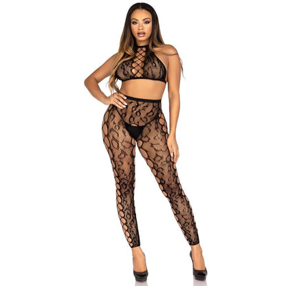 LEG AVENUE - 89372 TOP CROP Y MEDIAS SIN PIES NEGRO - TALLA ÚNICA