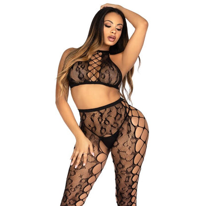 LEG AVENUE - 89372 TOP CROP Y MEDIAS SIN PIES NEGRO - TALLA ÚNICA