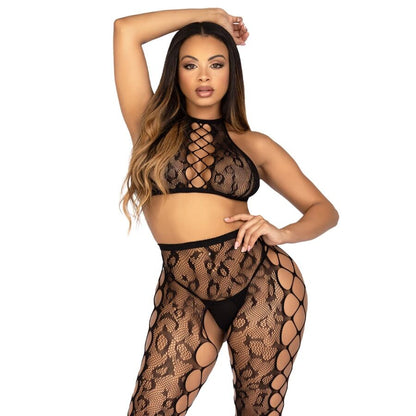 LEG AVENUE - 89372 TOP CROP Y MEDIAS SIN PIES NEGRO - TALLA ÚNICA