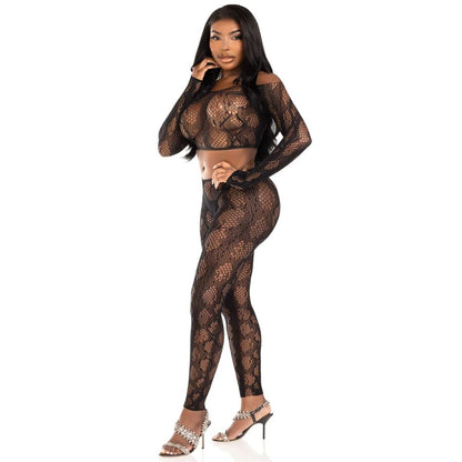 LEG AVENUE - 89373 TOP CROP CON ESTAMPADO DE PITÓN Y MEDIAS HASTA LA CINTURA NEGRAS - TALLA ÚNICA