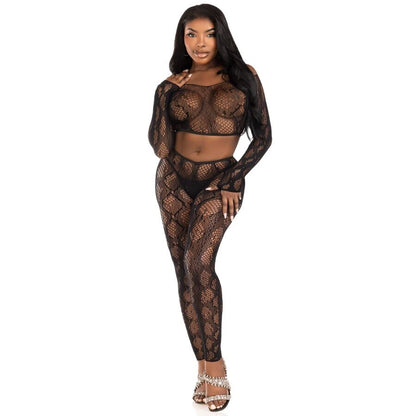LEG AVENUE - 89373 TOP CROP CON ESTAMPADO DE PITÓN Y MEDIAS HASTA LA CINTURA NEGRAS - TALLA ÚNICA