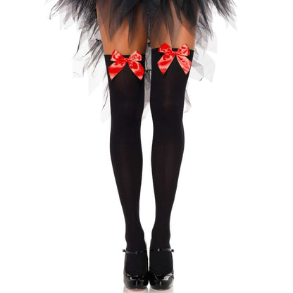 LEG AVENUE - BLACK NYLON THIGHS WITH RED BOW ONE SIZE